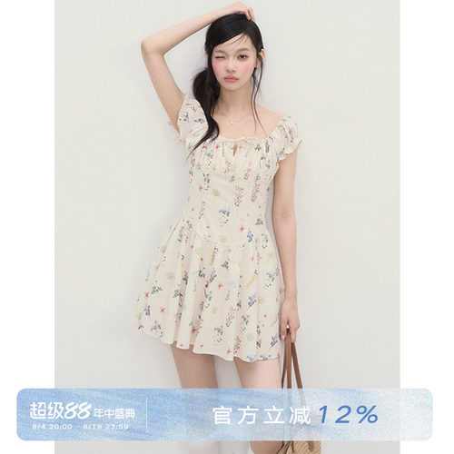 圆领绑带氛围感蓬蓬短裙