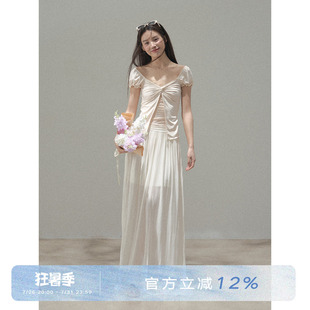 ANNA CUTE 莱赛尔法式蕾丝拼接半透扭结修身T恤女设计感夏季短袖