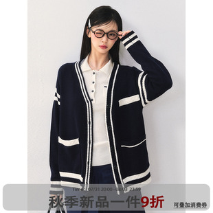 新款 ANNA 減齡學(xué)院風(fēng)拼接毛衣外套女秋季 撞色慵懶感針織開衫 CUTE