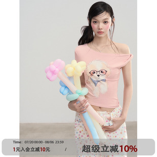 女夏季 ANNA 清新斜肩小狗印花短袖 甜美設(shè)計感露肩修身 CUTE T恤