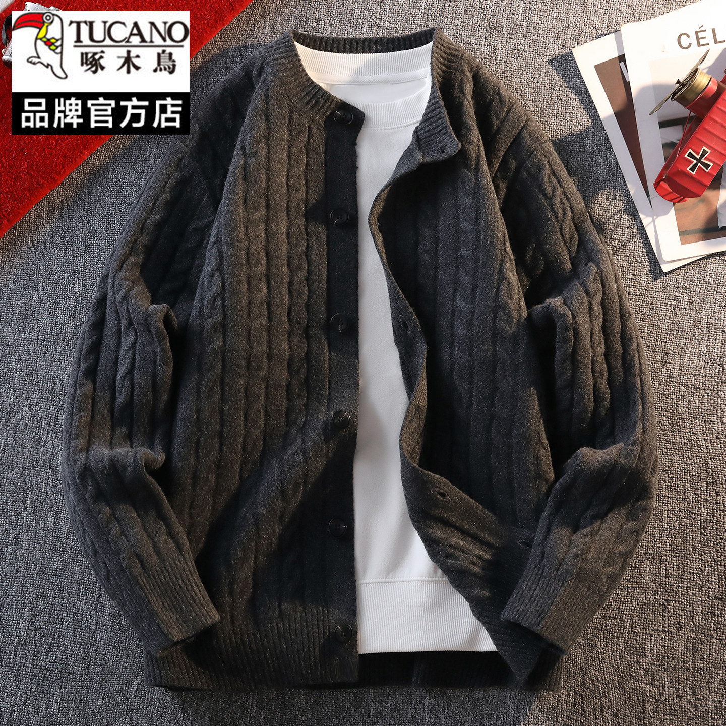 啄木鸟绞花纹男圆领宽松麻花纹纽扣毛衣针织开衫长袖外套休闲百搭