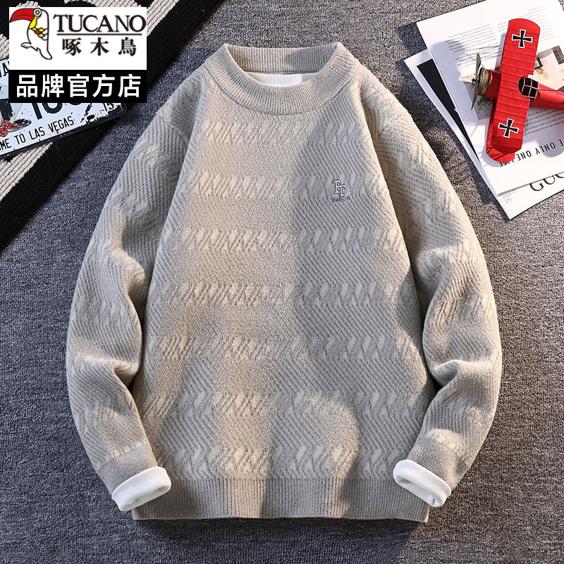 啄木鸟毛衣男士秋冬季2025新款加厚针织打底衫宽松刺绣保暖线衣潮