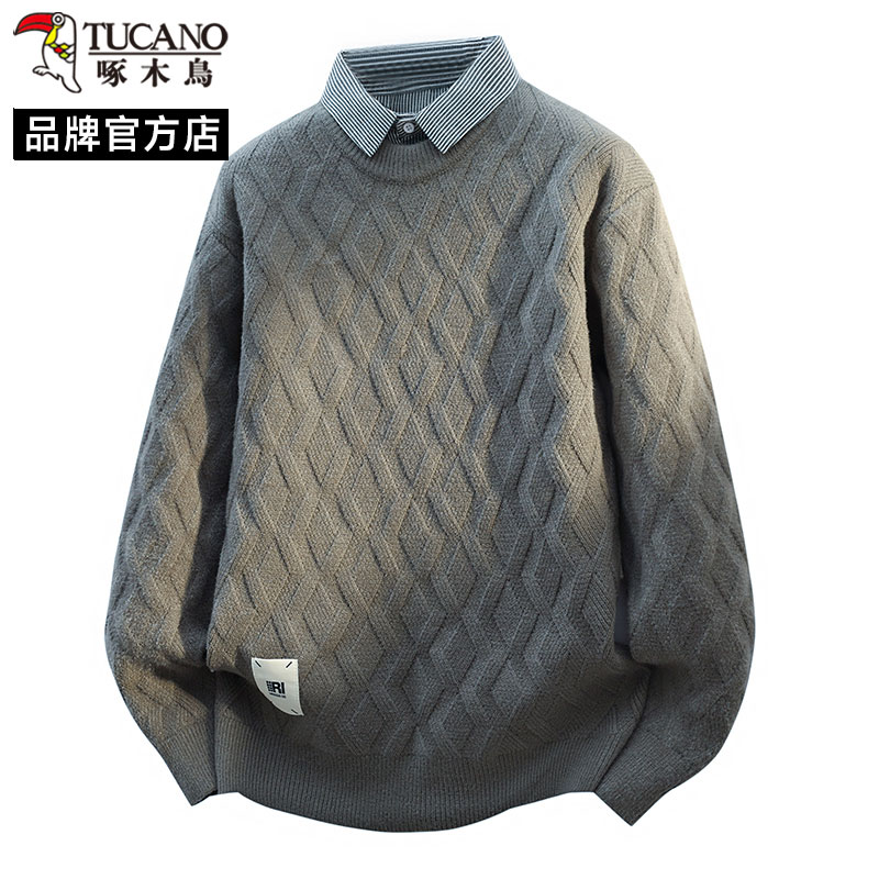 啄木鸟假两件衬衫领毛衣男2025新款秋冬加厚保暖针织衫上衣打底衫