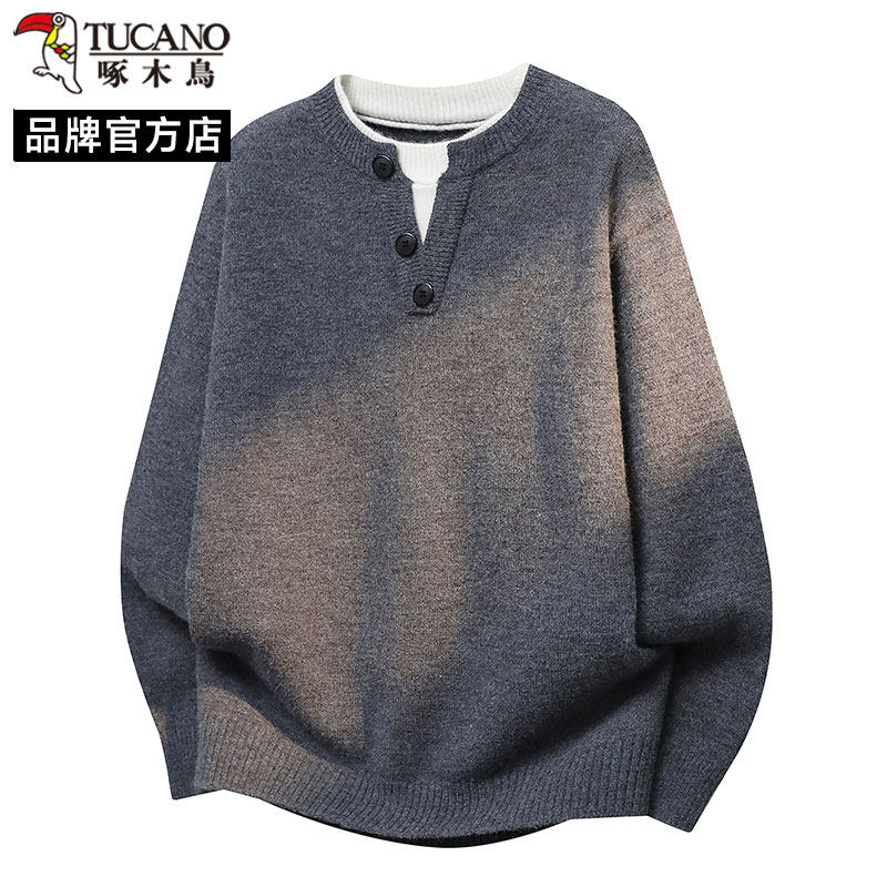 啄木鸟假两件纽扣毛衣男秋季圆领套头针织衫休闲保暖打底衫上衣潮
