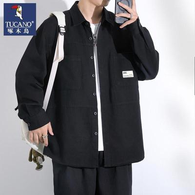啄木鸟纯棉长袖衬衫男士春秋季潮牌宽松百搭港风衬衣外套男装上衣