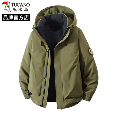 啄木鸟工装风连帽羽绒服男冬季新款军绿色防风户外冲锋衣宽松外套