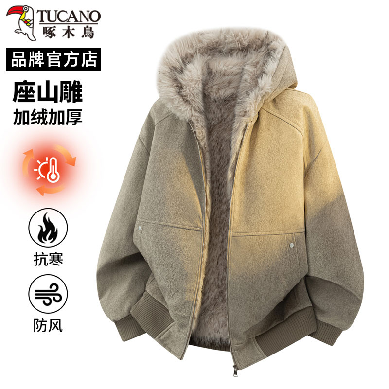 啄木鸟PU皮复古外套冬季加绒加厚座山雕连帽夹克男冬装防寒派克服