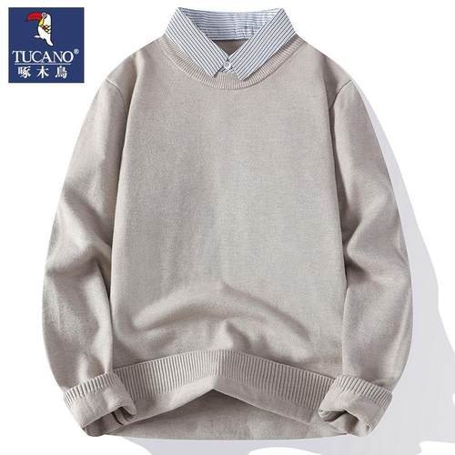 啄木鸟假两件男衬衫领保暖针织衫