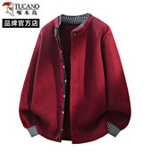 啄木鸟红色假两件针织开衫 男秋冬圆领纽扣本命年毛衣外套高级感潮