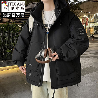 啄木鸟工装风连帽羽绒服男士宽松多口袋户外保暖外套潮流短款袄子