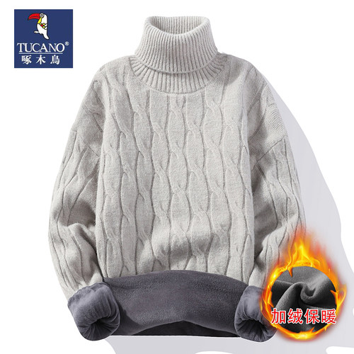 啄木鸟宽松高领混纺加绒毛衣男