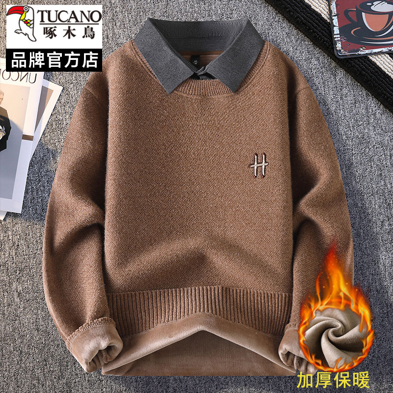 啄木鸟衬衫领设计感毛衣男士秋冬季加厚保暖假两件加绒针织衫潮流