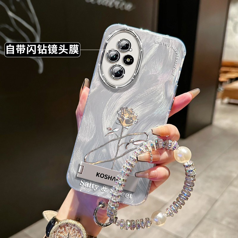 适用于荣耀200手机壳华为honor100pro铂金玫瑰带支架90新款80女款70保护套60自带镜头膜50全包防摔小众高