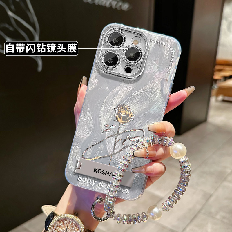适用于苹果15手机壳iPhone14promax铂金玫瑰带支架ip13新款12女15plus保护套11全包防摔14小众高