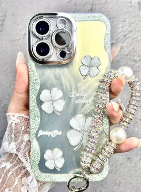 适用于苹果16promax手机壳iPhone15保护套ip14新款13女12绿色四叶草11pro全包镜头xsmax防摔16por高级感2025