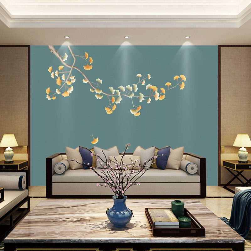 沙发新中式花鸟影视墙电视背景墙纸8D壁画卧室定制新款银杏叶壁布