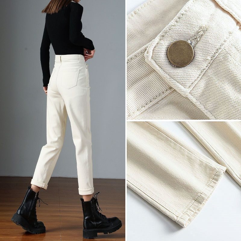 高档米白色牛仔裤女款2025秋冬加绒加厚高腰显瘦窄版修身直筒裤子