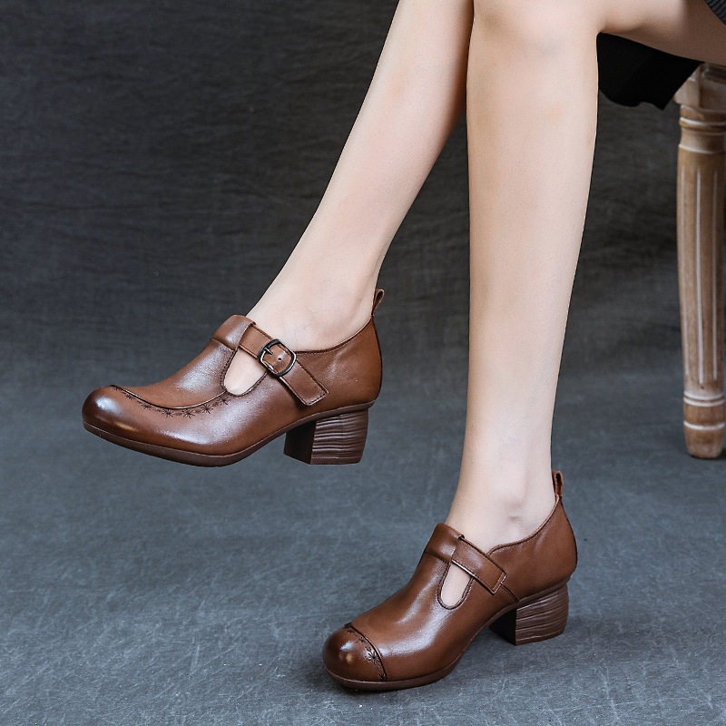 高档女士时尚头层牛皮单鞋2026春秋新款真皮粗跟软底复古妈妈鞋子