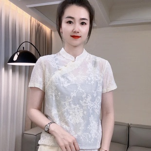 女士時尚 夏季 減齡百搭上衣 小衫 國風立領斜襟盤扣提花短袖 款 新中式
