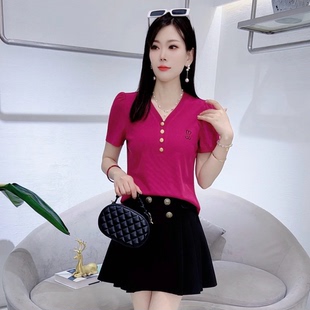 T恤女薄款 夏季 正肩V领刺绣纯色短袖 新款 洋气减龄显瘦百搭上衣 时尚