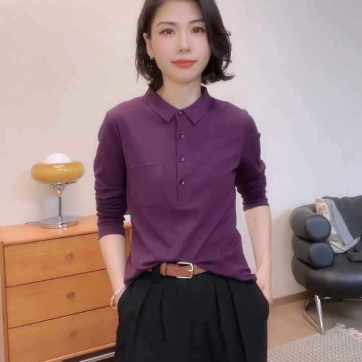 秋季长袖POLO衫弹力修身棉t恤女