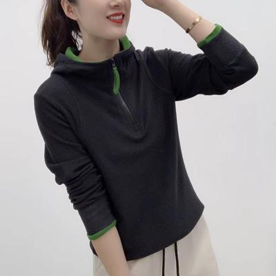 秋冬季半拉链拼色长袖连帽卫衣女