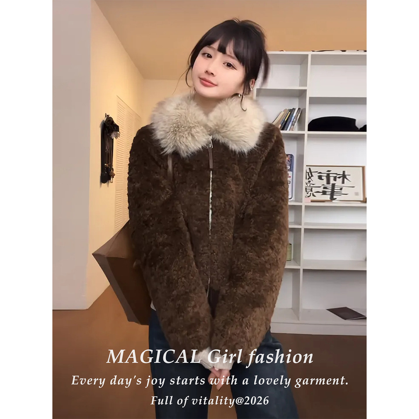 羊羔绒环保皮草毛领短款外套女士2026新款秋冬季加厚保暖长袖上衣