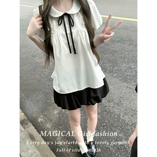 夏季穿搭韩系学院风波点衬衫上衣少女款甜美搭配花苞短裤两件套装