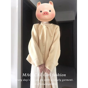 甜美学院风奶黄色毛呢长袖外套女款秋冬季羊羔绒保暖加厚开衫大衣