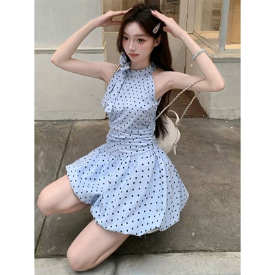 法式高级感波点挂脖无袖连衣裙女