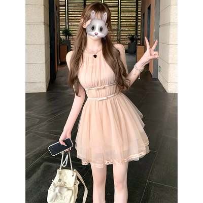 法式独特绝美漂亮挂脖连衣裙女夏