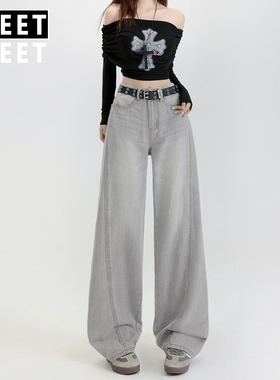 2025秋冬加绒高级灰色高腰阔腿牛仔裤女宽松显瘦百搭休闲遮胯长裤