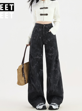 美式黑色印花工装牛仔裤女秋冬加绒百搭显瘦小众气质阔腿弯刀裤子