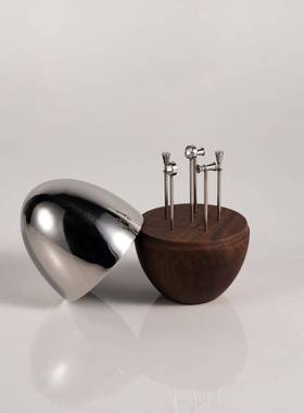 现代北欧创意胡桃木不锈钢水果签风轻奢水果叉鸡尾酒签装饰