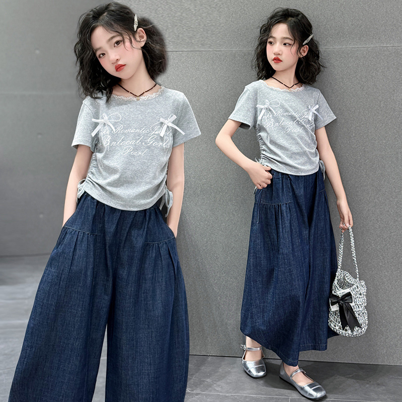 女童夏季套装2025新款女孩洋气纯棉短袖中大童拼接T恤牛仔阔腿裤