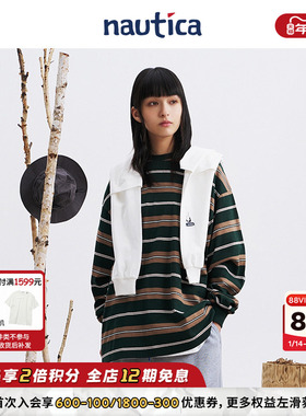 【明星同款】nautica白帆日系中性纯棉宽松海魂条纹圆领T恤TW3323