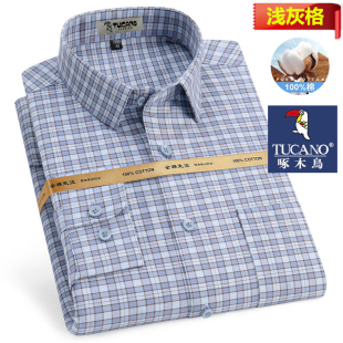 宽松大码 衬衫 牛津纺免烫加绒格子休闲衬衣 春秋纯棉长袖 啄木鸟男士