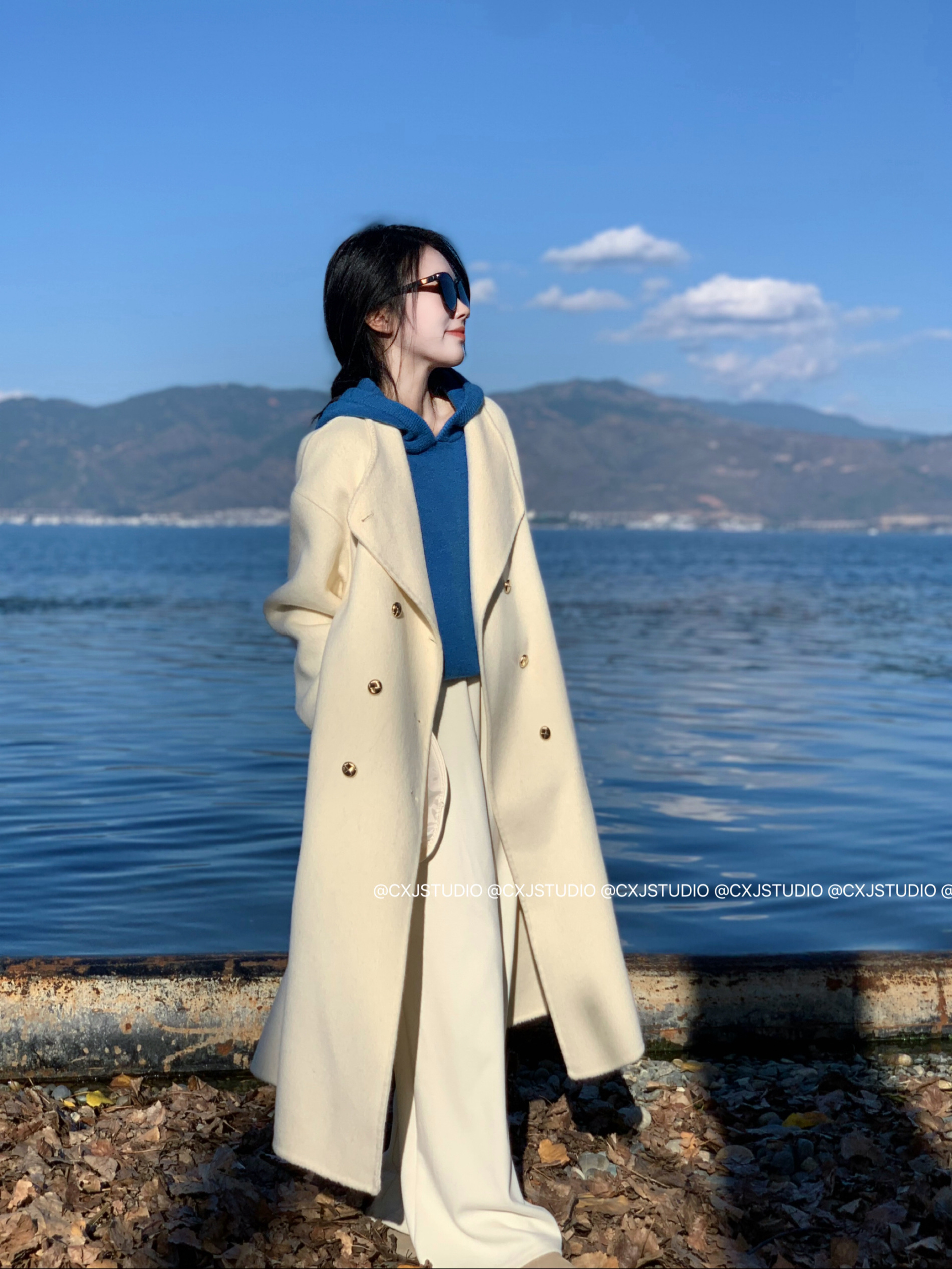 陈可爱 小个子奶白色双排口大翻领双面羊毛呢大衣女秋冬季外套