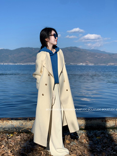 陈可爱 外套 小个子奶白色双排口大翻领双面羊毛呢大衣女秋冬季