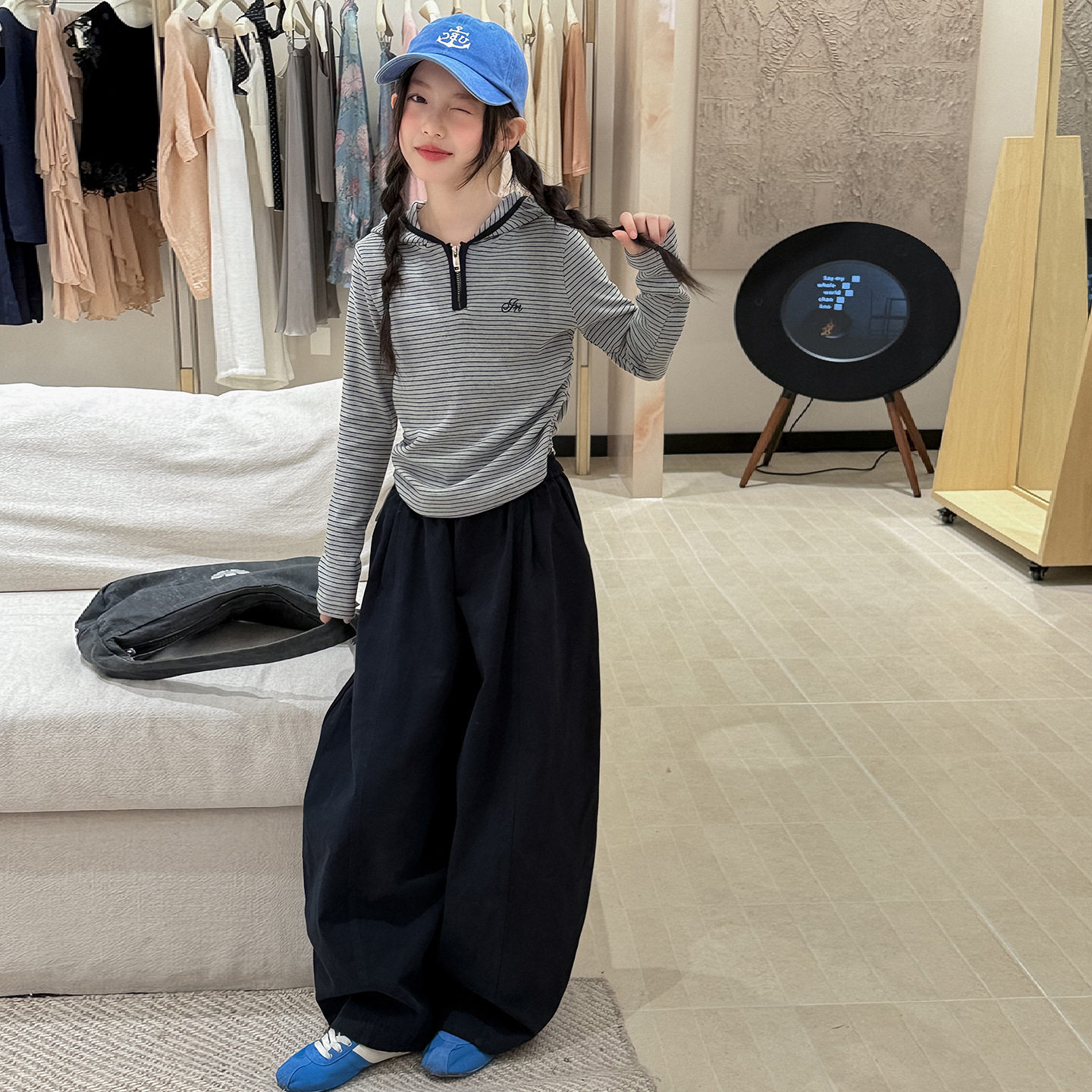 秋季中大女童套装新童装儿童女孩条纹打底衫T恤上衣休闲裤两件套