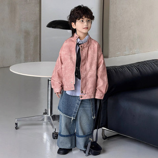 男童皮衣套装2025秋冬新款儿童粉色皮衣时尚加绒皮夹克潮