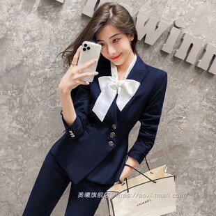 今年流行小西服套装女秋冬季通勤质感修身蓝色冷淡风西装套裤高级