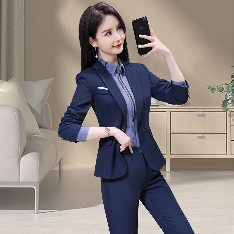 蓝色西装套装女职业装2023春秋气质女神范面试正装西服外套工作服