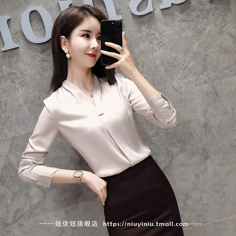 职业装V领衬衫女长袖新款韩版修身气质大码上衣工作服衬衣OL工装