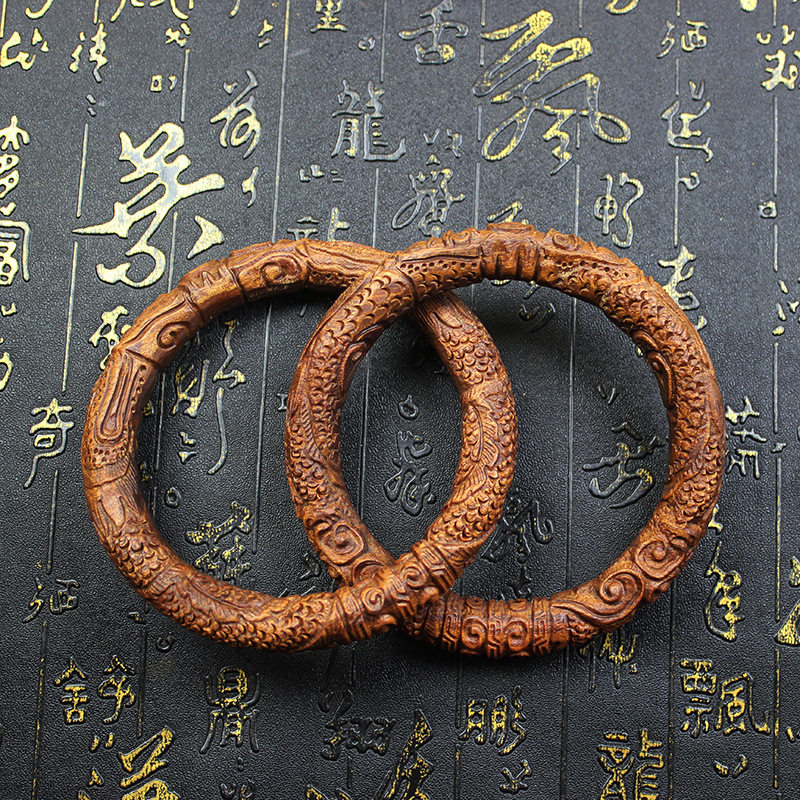 雷击枣木精雕双龙龙鳞乾坤圈阴阳镯手镯一体精雕盘龙乾坤圈手把件