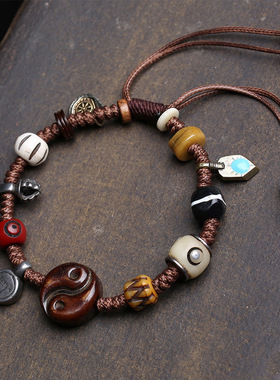 藏传回流手工编织八卦手链铜卡子金刚斧回流骨料器琉璃配饰手绳