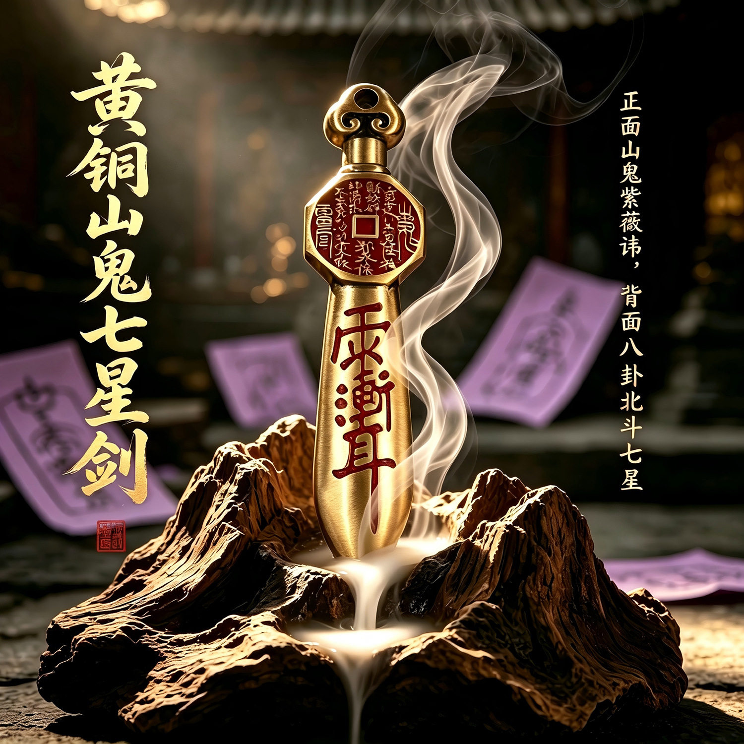 【道家法器】山鬼七星剑紫薇讳八卦挂件实心天师剑玄学黄铜摆件