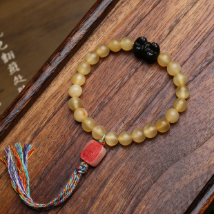 藏式羊角竹丝纹手串单圈藏区回流骨玛瑙天珠配饰复古文玩佛珠