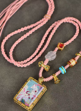 藏式文玩九尾狐唐卡挂坠毛衣链可调节手工编织绳项链狐仙吊牌