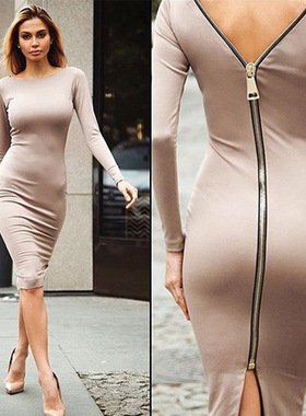 plus size slim zipdress2022 新品女装欧美长袖圆领修身拉链长裙